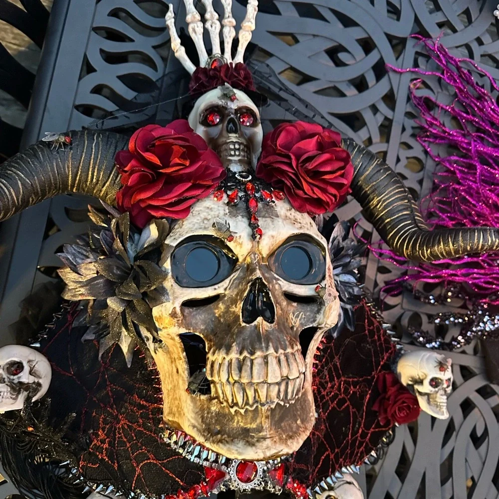 Led light up Rhinestone Fringe Skull Day of the Dead Festival Headdress - Picture 4 of 8